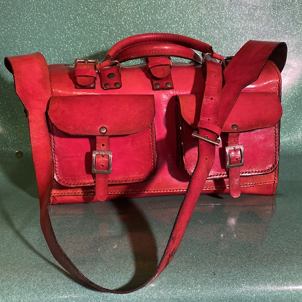 Red Leather Wabags Saddle Bag